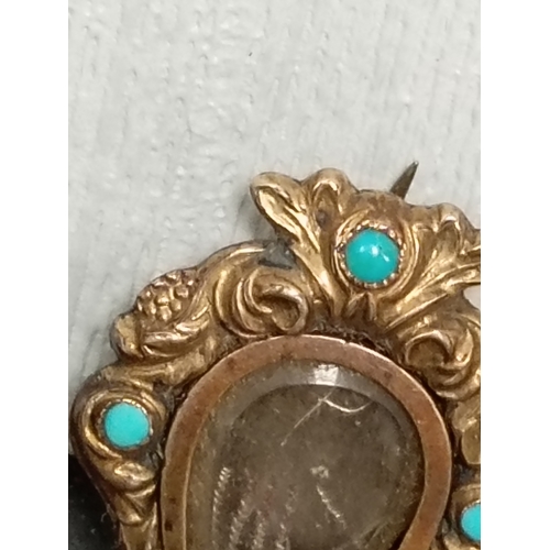 555 - Antique Victorian yellow metal and turquoise photo frame mourning miniature brooch 2.5cm.