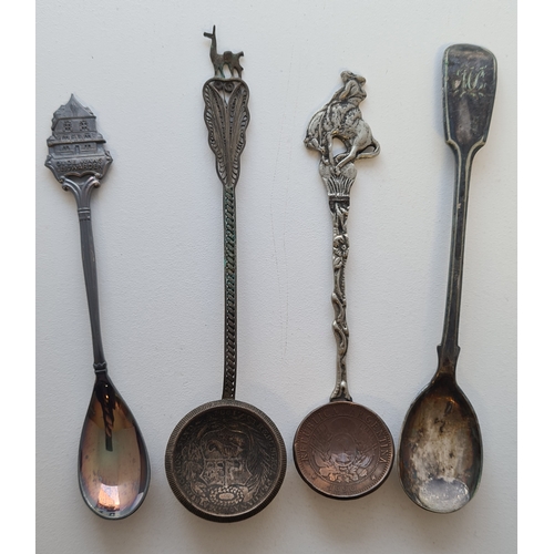 629 - Collection of 4 decorative tea/salt spoons, some silver including 2 coin spoons.