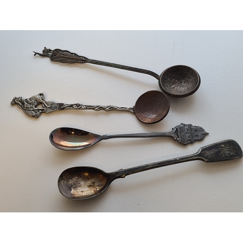 629 - Collection of 4 decorative tea/salt spoons, some silver including 2 coin spoons.