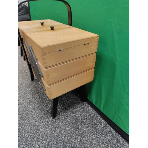 635 - Fold out mid century mcm three tier wooden sewing box.