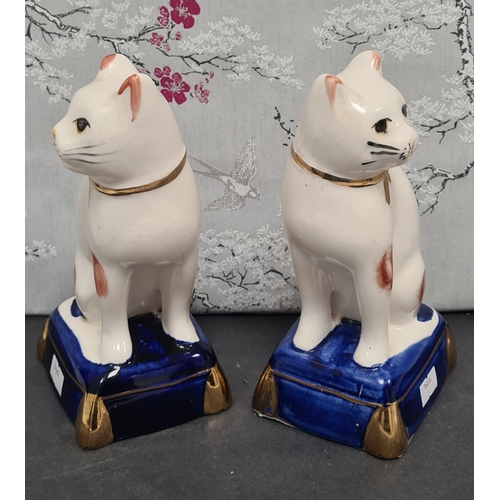 438 - Pair of white & ginger ceramic Cats with blue & gilt bases. Each measures H29cm x W10cm