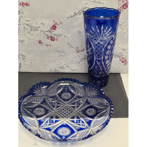 430 - Collection of cobalt blue cut glassware to include: a shallow serving dish, diameter 29cm x H4.5cm a... 