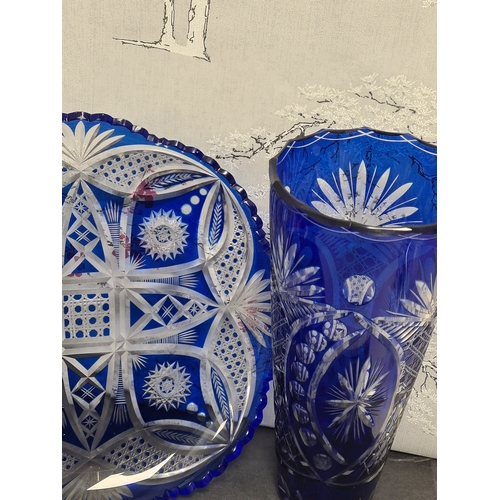 430 - Collection of cobalt blue cut glassware to include: a shallow serving dish, diameter 29cm x H4.5cm a... 