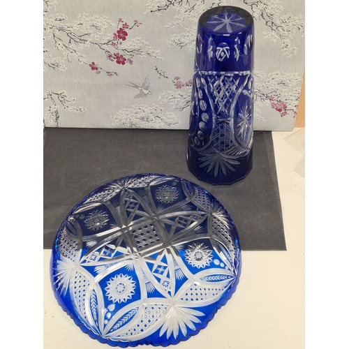 430 - Collection of cobalt blue cut glassware to include: a shallow serving dish, diameter 29cm x H4.5cm a... 