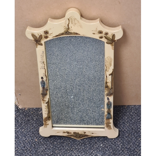 419 - Attractive Chinoiserie designed carved wood hand painted mirror. Measures H60cm x W34cm.