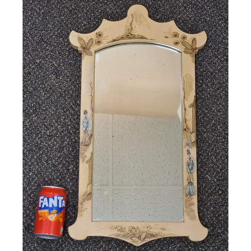 419 - Attractive Chinoiserie designed carved wood hand painted mirror. Measures H60cm x W34cm.