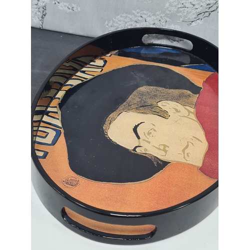 405 - Oval lacquered drinks tray with Toulouse Lautrec French Sango Cabaret Moulin Rouge design. Measures ... 