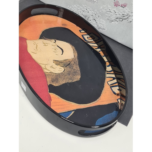 405 - Oval lacquered drinks tray with Toulouse Lautrec French Sango Cabaret Moulin Rouge design. Measures ... 