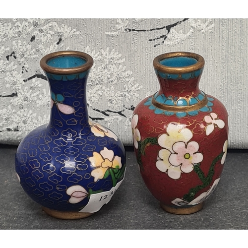 408 - Two small Chinese Cloisonne enamel bud vases; Cobalt blue with Peony design & Red with Blossom desig... 