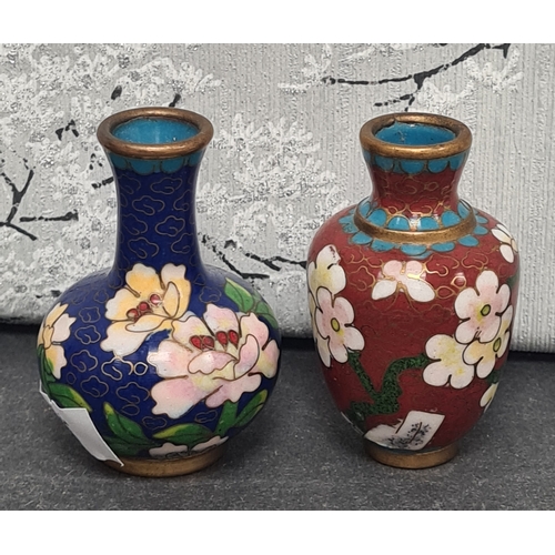 408 - Two small Chinese Cloisonne enamel bud vases; Cobalt blue with Peony design & Red with Blossom desig... 