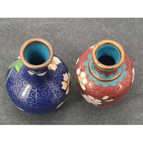 408 - Two small Chinese Cloisonne enamel bud vases; Cobalt blue with Peony design & Red with Blossom desig... 