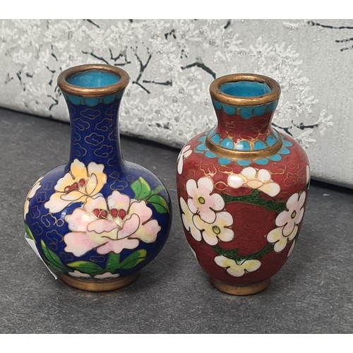 408 - Two small Chinese Cloisonne enamel bud vases; Cobalt blue with Peony design & Red with Blossom desig... 