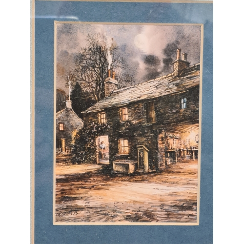 426 - Set of 3 glass framed prints depicting country cottages in the moonlight by John Freeman. Possibly N... 