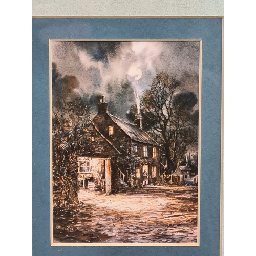 426 - Set of 3 glass framed prints depicting country cottages in the moonlight by John Freeman. Possibly N... 