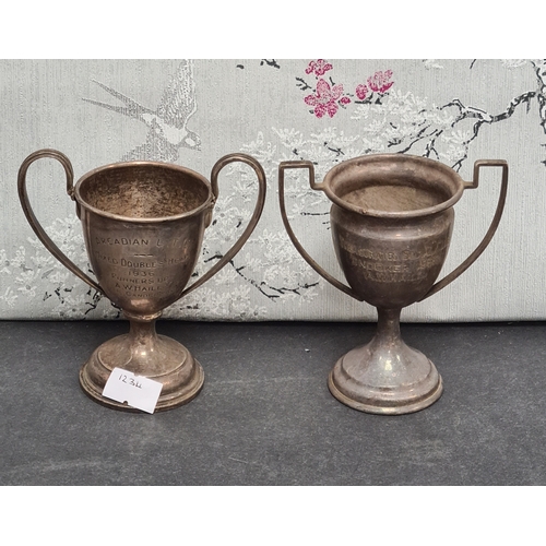 725 - One hallmarked silver small trophy cup and one small trophy cup stamped EPNS to include: Arcadian LT... 