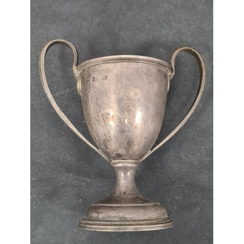 725 - One hallmarked silver small trophy cup and one small trophy cup stamped EPNS to include: Arcadian LT... 