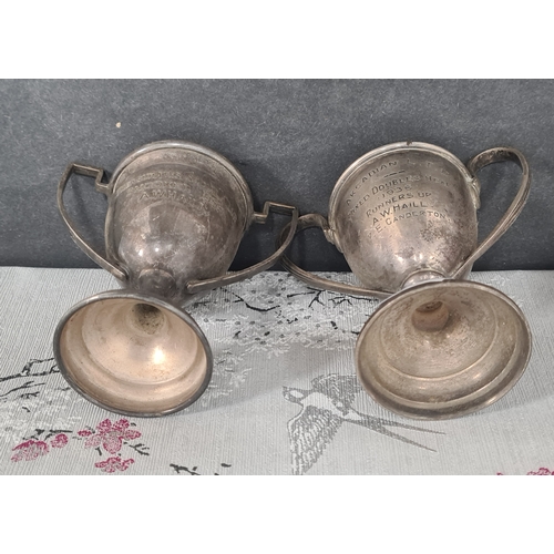 725 - One hallmarked silver small trophy cup and one small trophy cup stamped EPNS to include: Arcadian LT... 