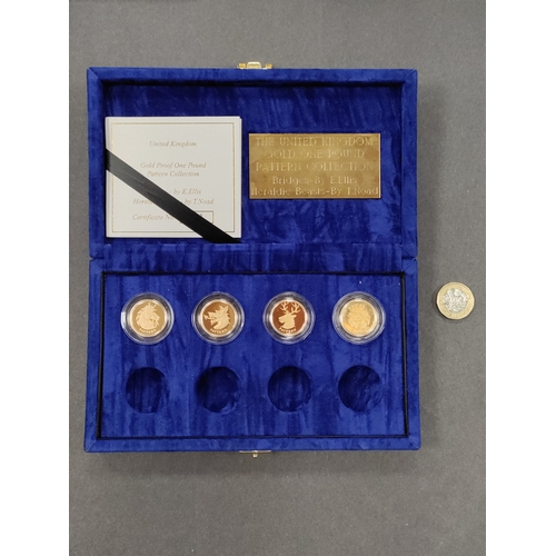 854 - Four 2004 royal mint 22ct gold proof one pound coins from the pattern collection with certificate an... 