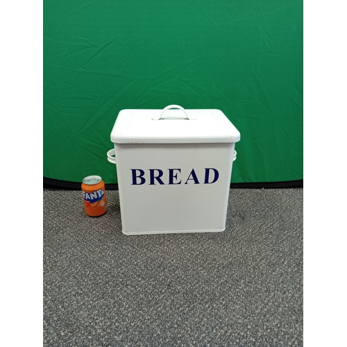 505 - Vintage white enamel bread bin. Measures H 29cm x W 30cm x D 23cm.