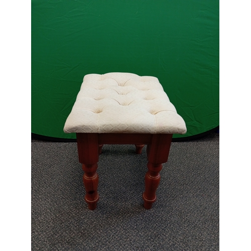 508 - Pine stool with cushion. Measures H 47cm x W 50cm D 38cm