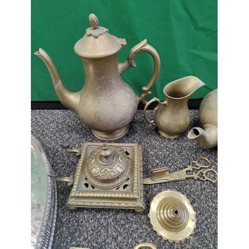 513 - A job lot of brass and a silver plated tray. Collection consists of horse brasses, teapots, an inkwe... 