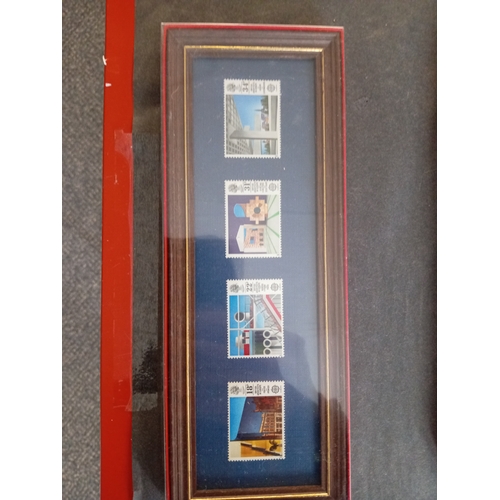 537 - Four framed and boxed sets of stamps including architecture, trains, coats of arms, commemorative.