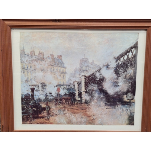 540 - Collection of 9 glass framed Locomotive prints, to include: Large Monet H48cm x 58cm, Small Monet 4o... 