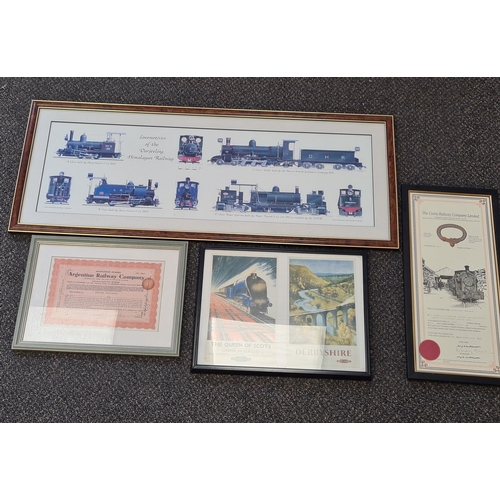 541 - Collection of 4 glass framed Locomotive prints with advertising or text, to include: Darjeeling Rail... 