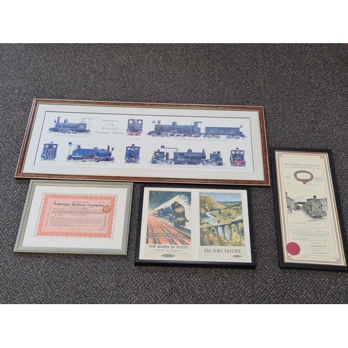 541 - Collection of 4 glass framed Locomotive prints with advertising or text, to include: Darjeeling Rail... 