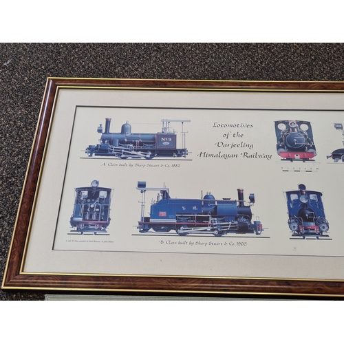 541 - Collection of 4 glass framed Locomotive prints with advertising or text, to include: Darjeeling Rail... 