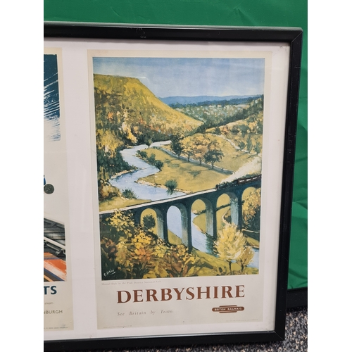 541 - Collection of 4 glass framed Locomotive prints with advertising or text, to include: Darjeeling Rail... 