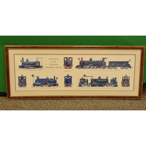 541 - Collection of 4 glass framed Locomotive prints with advertising or text, to include: Darjeeling Rail... 