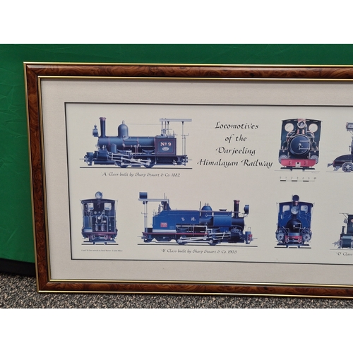 541 - Collection of 4 glass framed Locomotive prints with advertising or text, to include: Darjeeling Rail... 