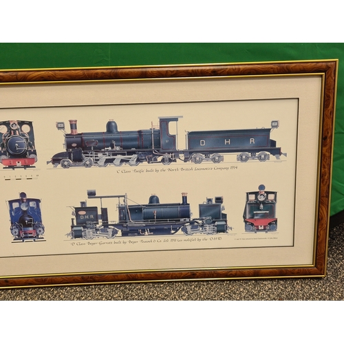 541 - Collection of 4 glass framed Locomotive prints with advertising or text, to include: Darjeeling Rail... 