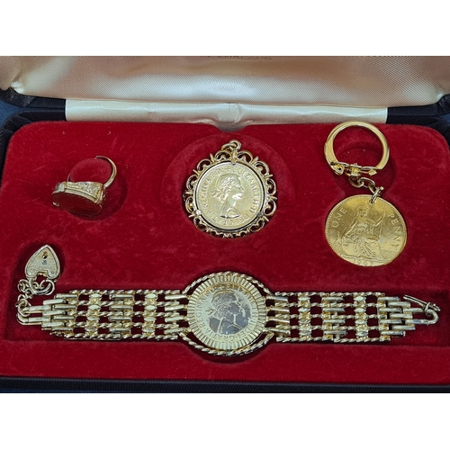 803 - Vintage genuine coin jewellery set with yellow metal/gold gilt to include: bracelet with half Penny,... 