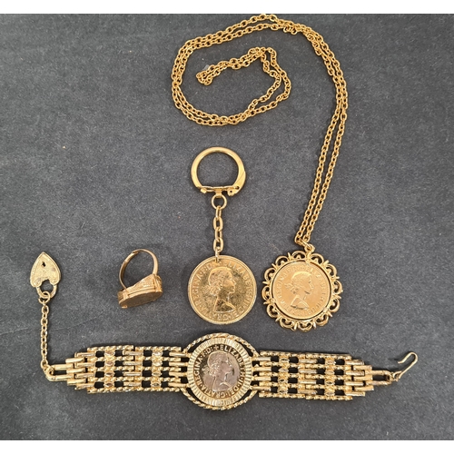 803 - Vintage genuine coin jewellery set with yellow metal/gold gilt to include: bracelet with half Penny,... 