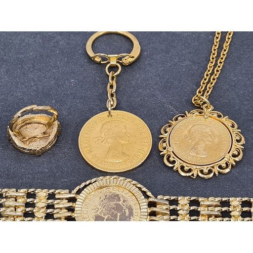 803 - Vintage genuine coin jewellery set with yellow metal/gold gilt to include: bracelet with half Penny,... 