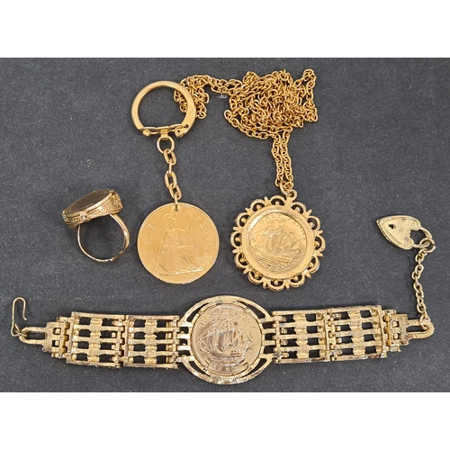 803 - Vintage genuine coin jewellery set with yellow metal/gold gilt to include: bracelet with half Penny,... 