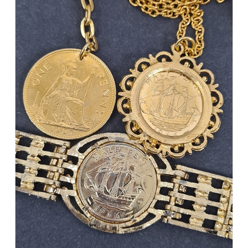 803 - Vintage genuine coin jewellery set with yellow metal/gold gilt to include: bracelet with half Penny,... 