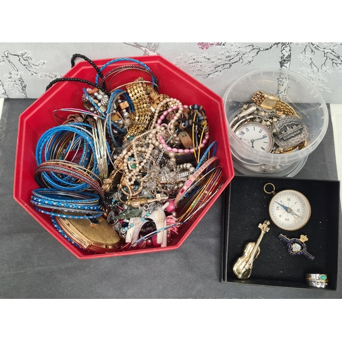 804 - Job lot of mixed costume jewellery to include a compass, pocket watch and silver bangle.