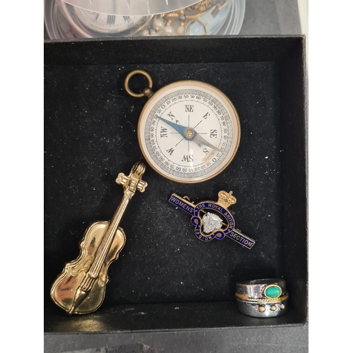 804 - Job lot of mixed costume jewellery to include a compass, pocket watch and silver bangle.