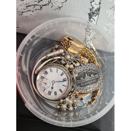 804 - Job lot of mixed costume jewellery to include a compass, pocket watch and silver bangle.