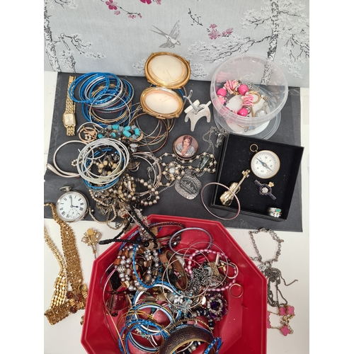 804 - Job lot of mixed costume jewellery to include a compass, pocket watch and silver bangle.