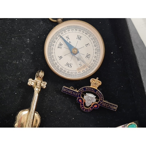 804 - Job lot of mixed costume jewellery to include a compass, pocket watch and silver bangle.