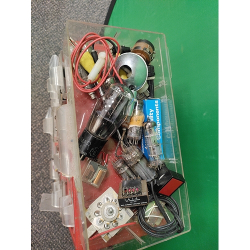 555 - A set of red organising bit drawers, 30 in total;  Contents consist of radio valves, car bulbs to in... 