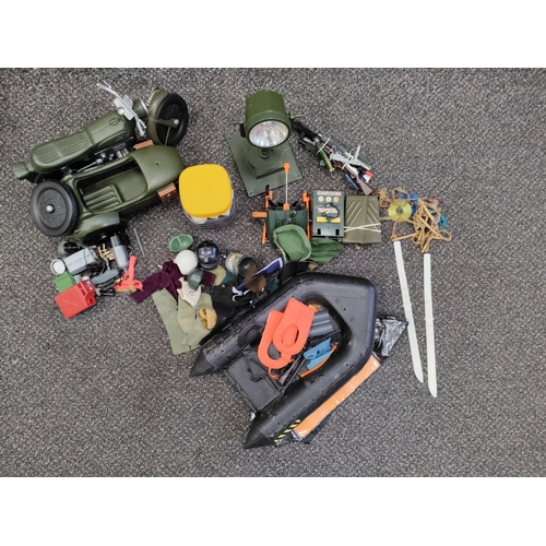 571 - Large lot of assorted vintage action man toys including spotlight, bike with side car, life raft, un... 