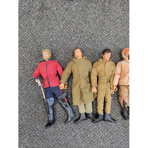 573 - Lot of 8 vintage action man figures. Some have plastic joints, some metal.