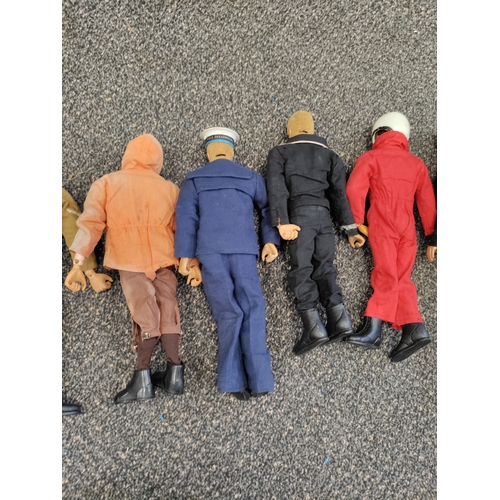 573 - Lot of 8 vintage action man figures. Some have plastic joints, some metal.