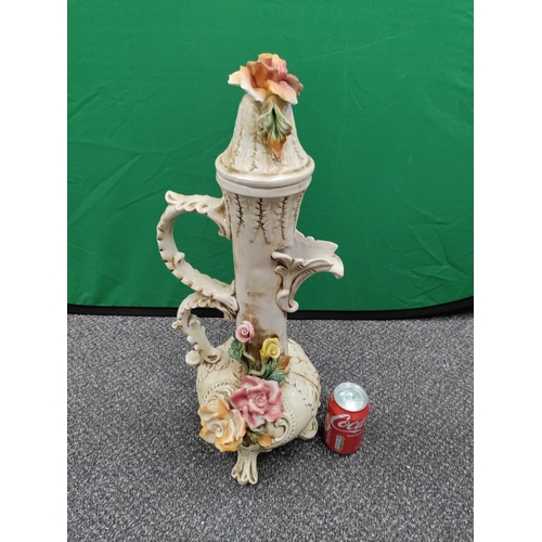 595 - Capodimonte - large mid century lidded jug with large modelled flowers. Height 65cm.