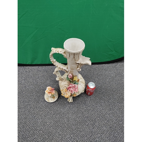 595 - Capodimonte - large mid century lidded jug with large modelled flowers. Height 65cm.